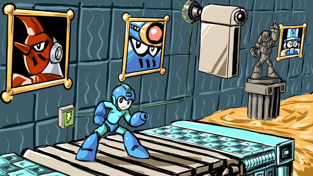 Hand-drawn color art of Mystic Museum, containing Robot Master portraits on the walls, a Sheep Man treadmill and platform, quicksand, and a Pharaoh Man statue