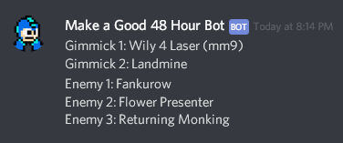 Discord screenshot of the Make a Good 48 Hour Bot listing my box assets: Wily 4 Laser (mm9), Landmine, Fankurow, Flower Presenter, Returning Monking