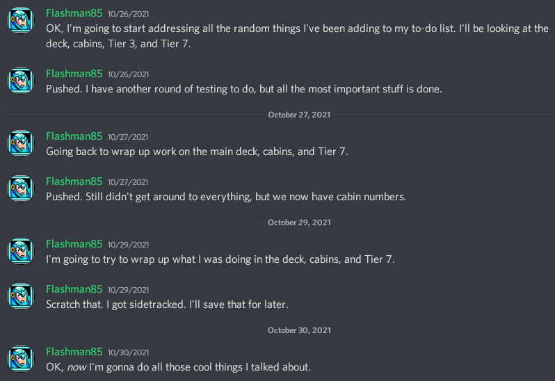 A series of Discord posts announcing the start and stop of various projects, all of them written by me