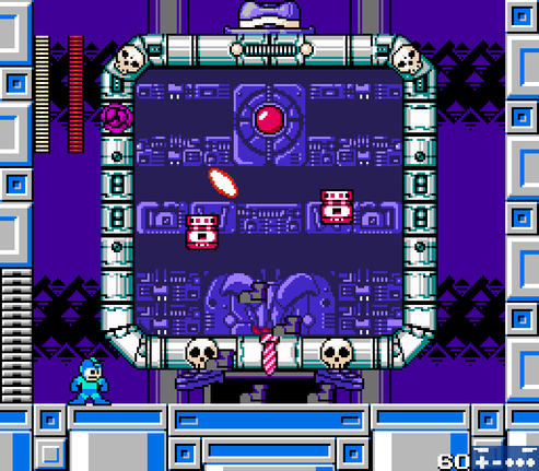 Screenshot of the Square Machine fight, with background tiles appearing over top of the boss