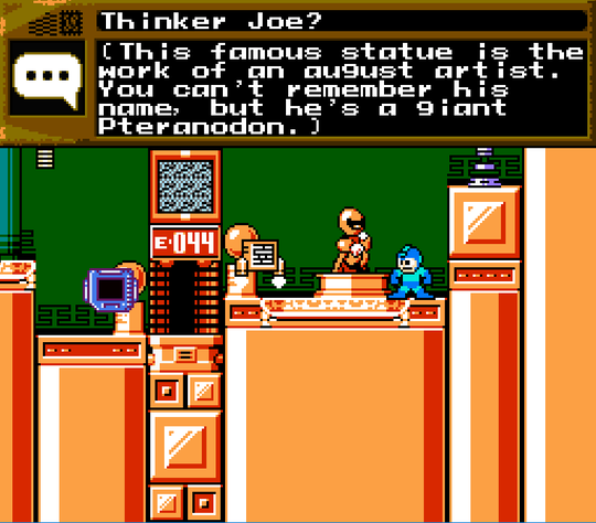 Screenshot of Tier 7, examining the Thinker Joe? statue, with the text, 