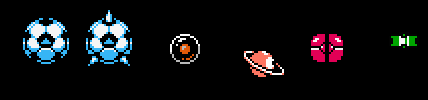 Sprites of the following assets: Strike Man soccer ball (without and with spikes), Pole Egg, Ring Ring, Beak (two facing opposite directions, adjacent to each other), and Spin Cutter